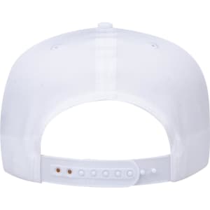 A white 5 Panel Mid Profile Rope Baseball Cap with an adjustable strap at the back and a logo.