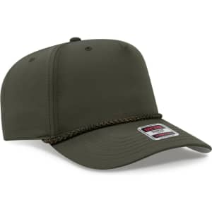 An olive green 5-panel mid-profile baseball cap with a rope detail and a branded label.