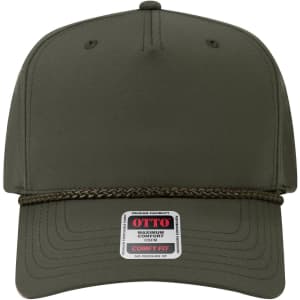 A green 5 panel mid-profile baseball cap with a braided rope detail and a logo on the front.