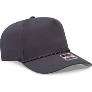 A dark grey 5-panel mid-profile rope baseball cap with a logo on the front.