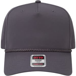 A grey 5 panel mid-profile baseball cap featuring a rope detailing and a branded tag on the front.