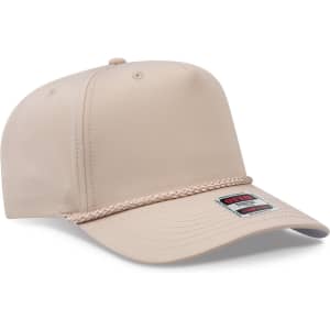 A beige 5 panel mid-profile rope baseball cap with a logo on the front.