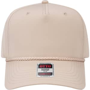 A beige 5 Panel Mid Profile Rope Baseball Cap with a logo and a braided rope detail along the brim.