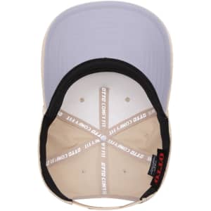 A beige and lavender 5 panel mid profile rope baseball cap with a black interior and branding inside.