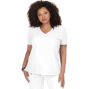 A white V-neck top with short sleeves, featuring a slight wrap design and a logo on one side.