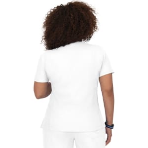 A white short-sleeved top with a rounded collar, viewed from the back. It features a logo on the back.