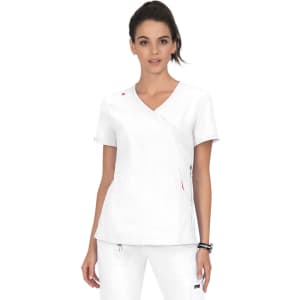 A white medical top with short sleeves features a wrap design and side pockets. It includes a logo on the sleeve.