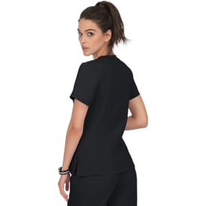 A black medical top featuring a fitted design, short sleeves, and a logo on the back.