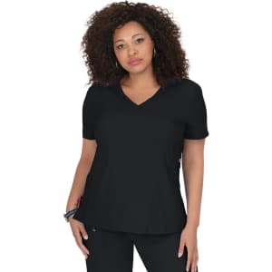 A black women's top with a V-neck and short sleeves. It features a logo and has a relaxed fit.