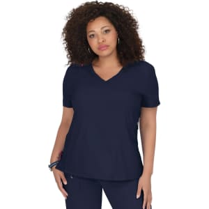 A navy blue short-sleeve top with a V-neck design, featuring a logo on one side.