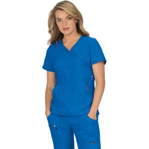 A blue medical top with a wrap design and pockets, worn by a model. The outfit features a branded logo.