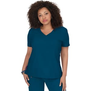 A teal medical top with a v-neck design featuring short sleeves and a relaxed fit. It has a logo on one side.