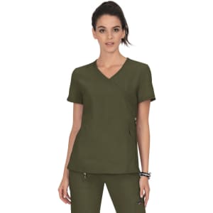 A scrub top in olive green with a crossover neckline and short sleeves, featuring a pocket and branding.