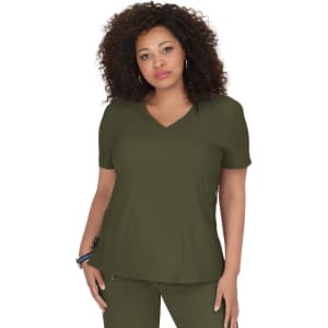A top in olive green featuring a v-neck design and short sleeves, with a logo on the fabric.