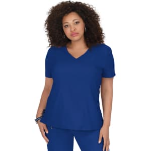 A blue scrub top features short sleeves and a v-neck design, with a logo on the side.