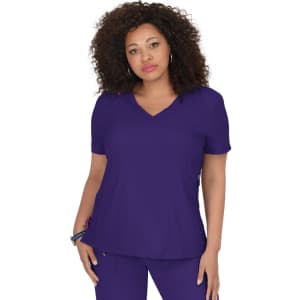 A top in a rich purple colour, featuring a v-neck design and short sleeves, with a logo on the side.