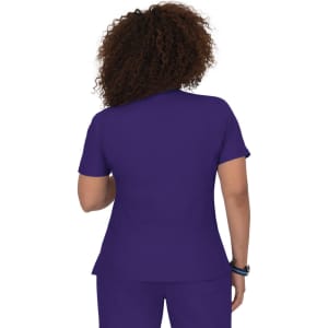A short-sleeved top in a vibrant purple colour, seen from the back. The top has a simple design and a stylish fit.