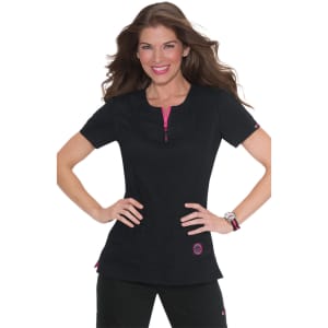 A short-sleeved black top with a pink zip and pocket detailing, modelled by a woman with long hair.