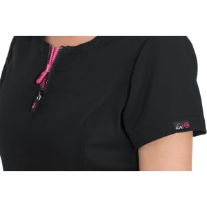A black top featuring a zippered neckline and short sleeves, with a small logo on the sleeve.