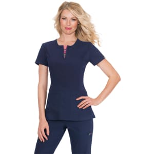 A navy blue top with short sleeves and a zippered neckline, featuring two front pockets and a logo.