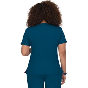 A clothing top in teal with a fitted design, featuring short sleeves and a back view of the garment.