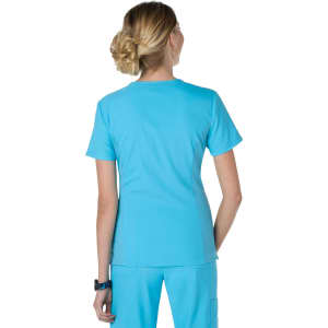 A top in a bright turquoise colour, featuring short sleeves and a fitted design, displayed from the back.
