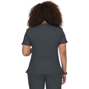 A grey top featuring short sleeves and a curved hem, with a branding logo visible on the back.