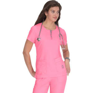 A medical scrubs top in vibrant pink, featuring a zip neckline and two front pockets, worn by a model with a stethoscope.