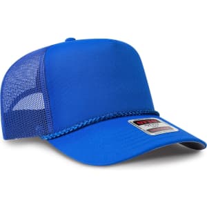 A blue 5 Panel Mid Profile Rope Trucker Hat featuring a mesh side and a logo on the front.