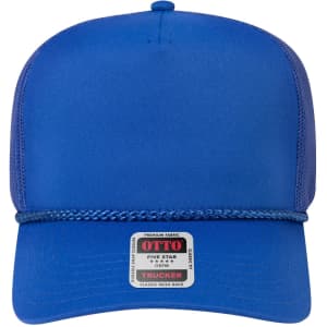 A blue 5 panel mid profile rope trucker hat featuring a mesh back and a logo label on the front.