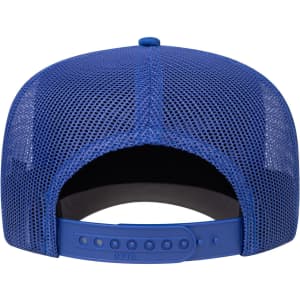 A blue 5-panel mid-profile trucker hat featuring a mesh back and an adjustable snap closure.