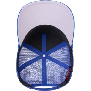 A blue 5 panel mid profile rope trucker hat with a mesh interior and a contrasting black and grey underbill.