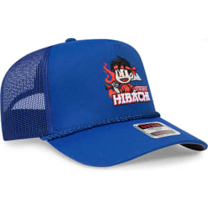 A blue 5 Panel Mid Profile Rope Trucker Hat with an embroidered design and mesh side panels.