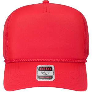 A red 5-panel mid-profile trucker hat with a rope detail and a mesh back, featuring a logo on the front.