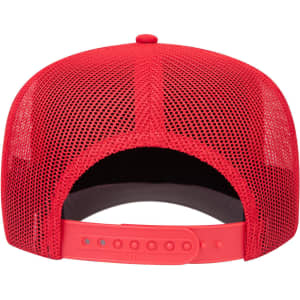 A red 5 Panel Mid Profile Rope Trucker Hat featuring mesh panels and an adjustable rear strap.
