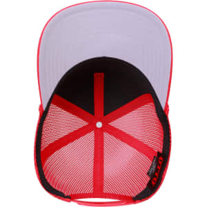 A 5 panel mid profile rope trucker hat featuring a red exterior and black mesh back, with a grey underbrim.