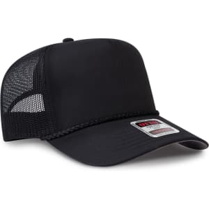 A black 5 Panel Mid Profile Rope Trucker Hat with mesh sides and a woven rope detail at the front.