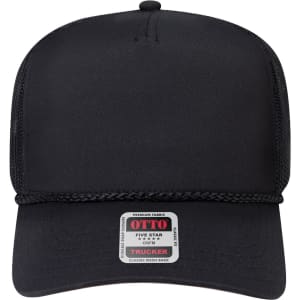 A black 5 panel mid-profile rope trucker hat with a mesh back and a logo on the front.