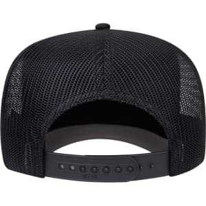 A black 5 panel mid-profile rope trucker hat featuring a mesh back and adjustable strap. It has a logo.