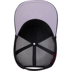 A trucker hat featuring a mid-profile design, black exterior, and light-coloured inner lining with mesh back for breathability.
