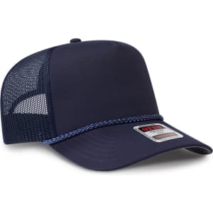 A navy blue 5 Panel Mid Profile Rope Trucker Hat with a mesh back and a logo on the front.