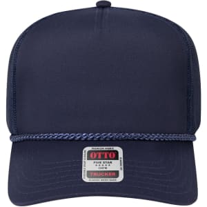 A navy 5 Panel Mid Profile Rope Trucker Hat with a mesh back and a branded label at the front.