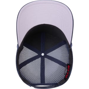 A 5-panel mid profile rope trucker hat in navy and light grey, featuring a mesh back and a logo.