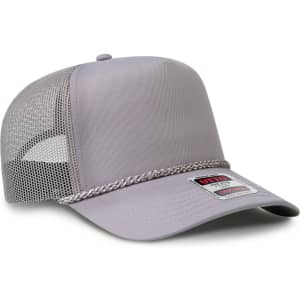 A grey 5 Panel Mid Profile Rope Trucker Hat featuring a mesh backing and a decorative rope detail.