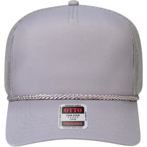 A grey 5 panel mid profile rope trucker hat featuring a mesh back and a decorative rope band. It has a logo.