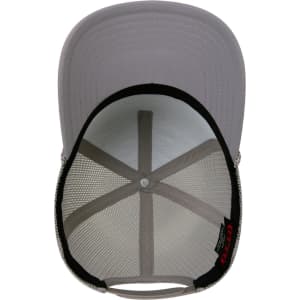A grey 5 panel mid-profile rope trucker hat with a mesh interior and a curved brim. It features a logo.