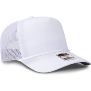 A white 5 panel mid profile rope trucker hat featuring a mesh back and a logo on the front.
