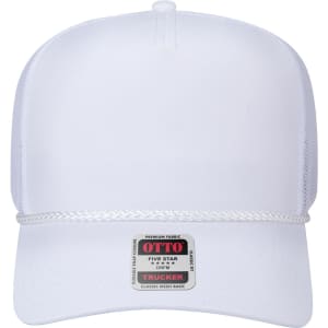 A white 5 panel mid-profile rope trucker hat with a mesh back and a logo on the front.