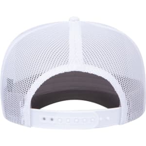 A white 5 panel mid-profile rope trucker hat featuring a mesh back and an adjustable strap.