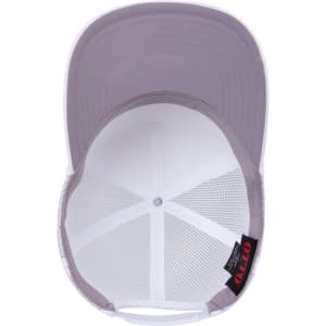 A 5-panel mid-profile rope trucker hat in white and light grey featuring a mesh back and an internal brand label.
